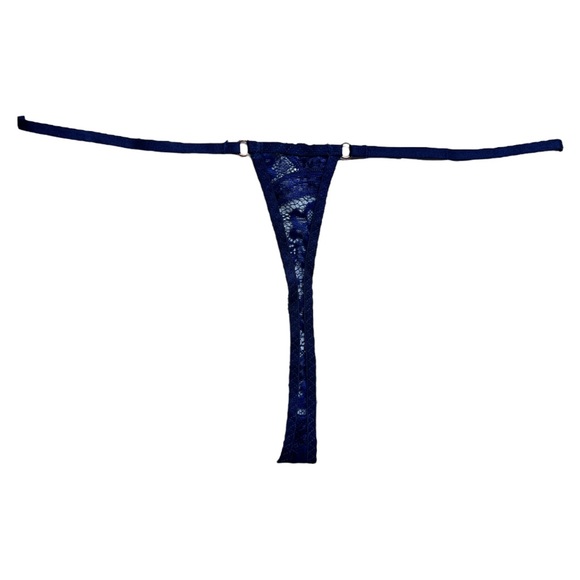 Heaven Panty Large L Lace G-String Thong in Blue, Adjustable, Rose Gold Hardware - Picture 4 of 6